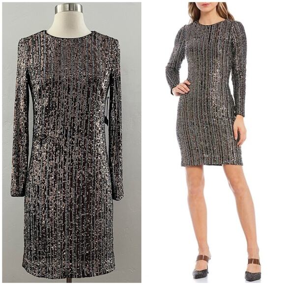 Vince Camuto Long Sleeve Sequins Dress Shimmer Evening Cocktail Party Size 4 NWT - Picture 1 of 14